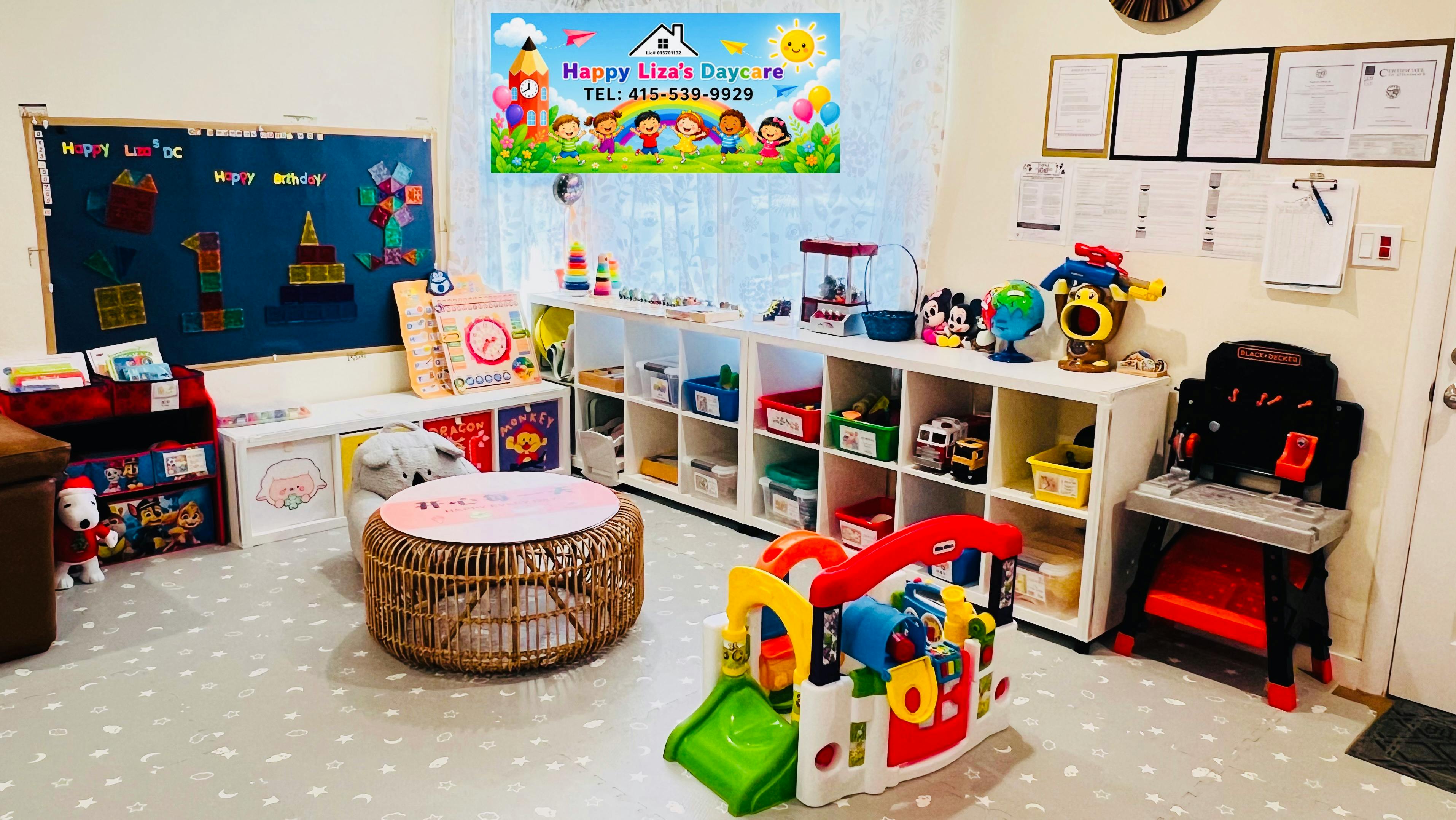 Interior of a daycare room with educational toys and a small play structure