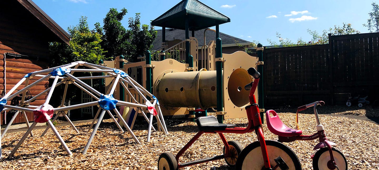 Red tricycle, climbing dome, and playground structure
