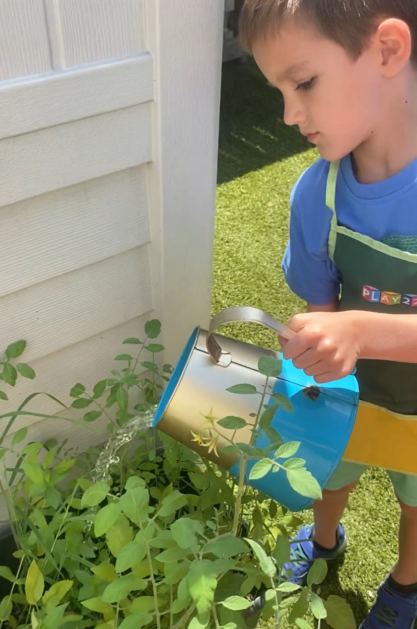 Child watering plants with a small watering can