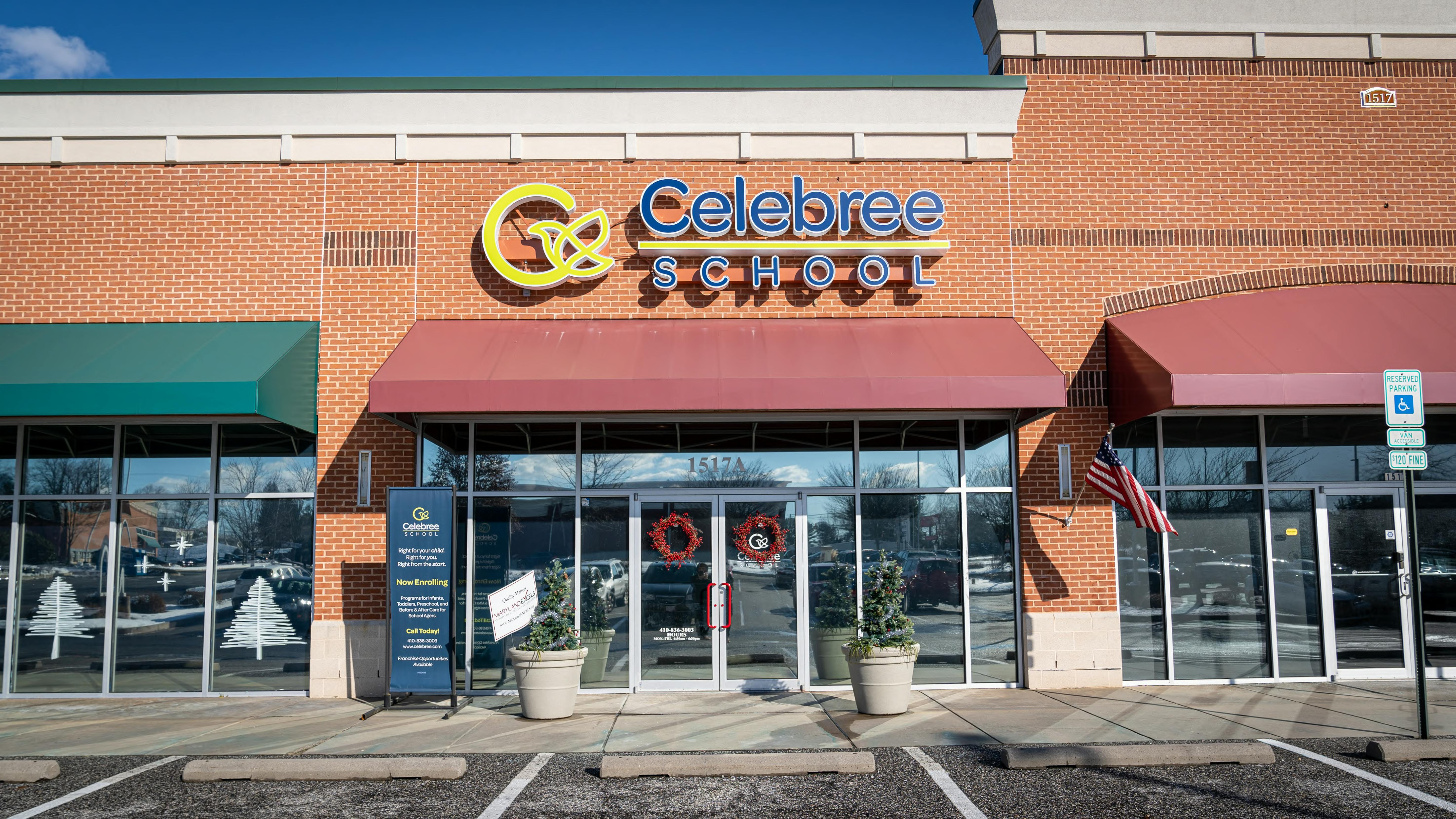 Building exterior with "Celebree School" sign above entrance