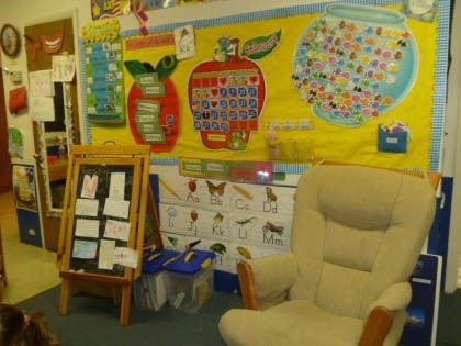 Classroom with bulletin board, easel, and chair