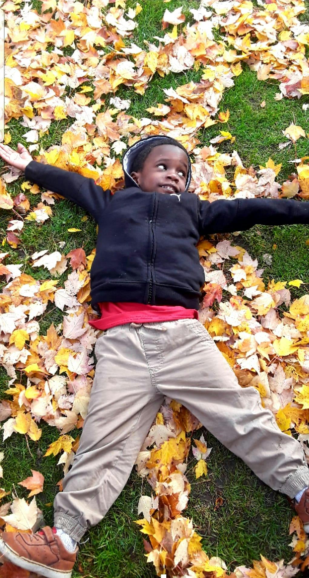 Child lying on grass covered with autumn leaves, arms outstretched
