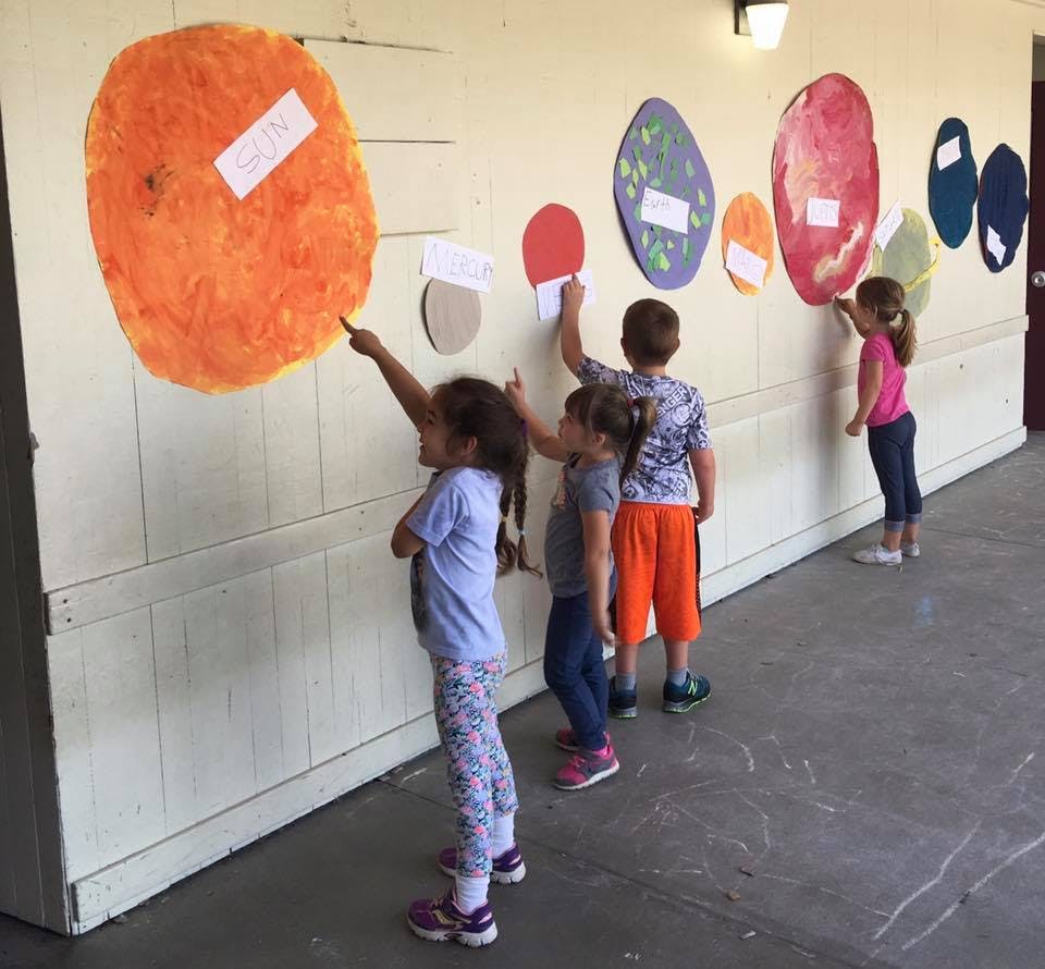 Children pointing at colorful cutouts on a wall