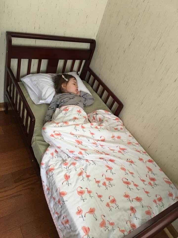 Child sleeping in a toddler bed with a flamingo-patterned blanket