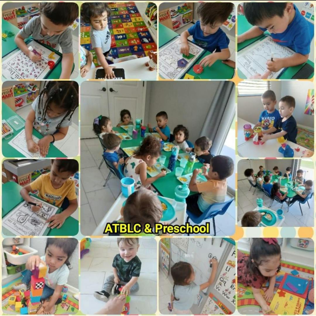 Collage of children engaged in various activities like drawing, playing, and eating