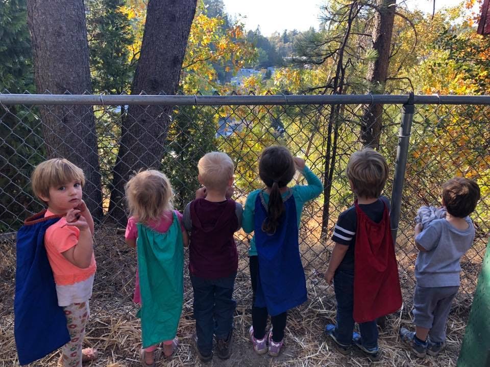 Children in capes looking through a fence