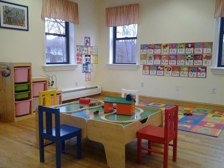 Playroom with a train table, small chairs, and alphabet charts on the wall