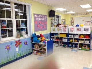 Classroom with windows and shelves