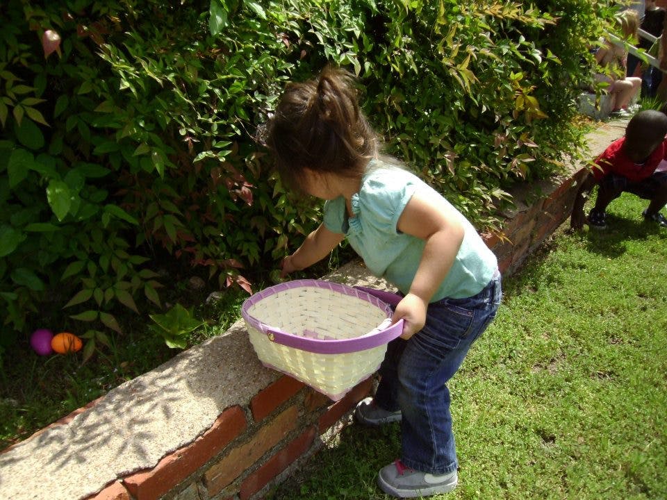 Child holding a basket and reaching into a bush