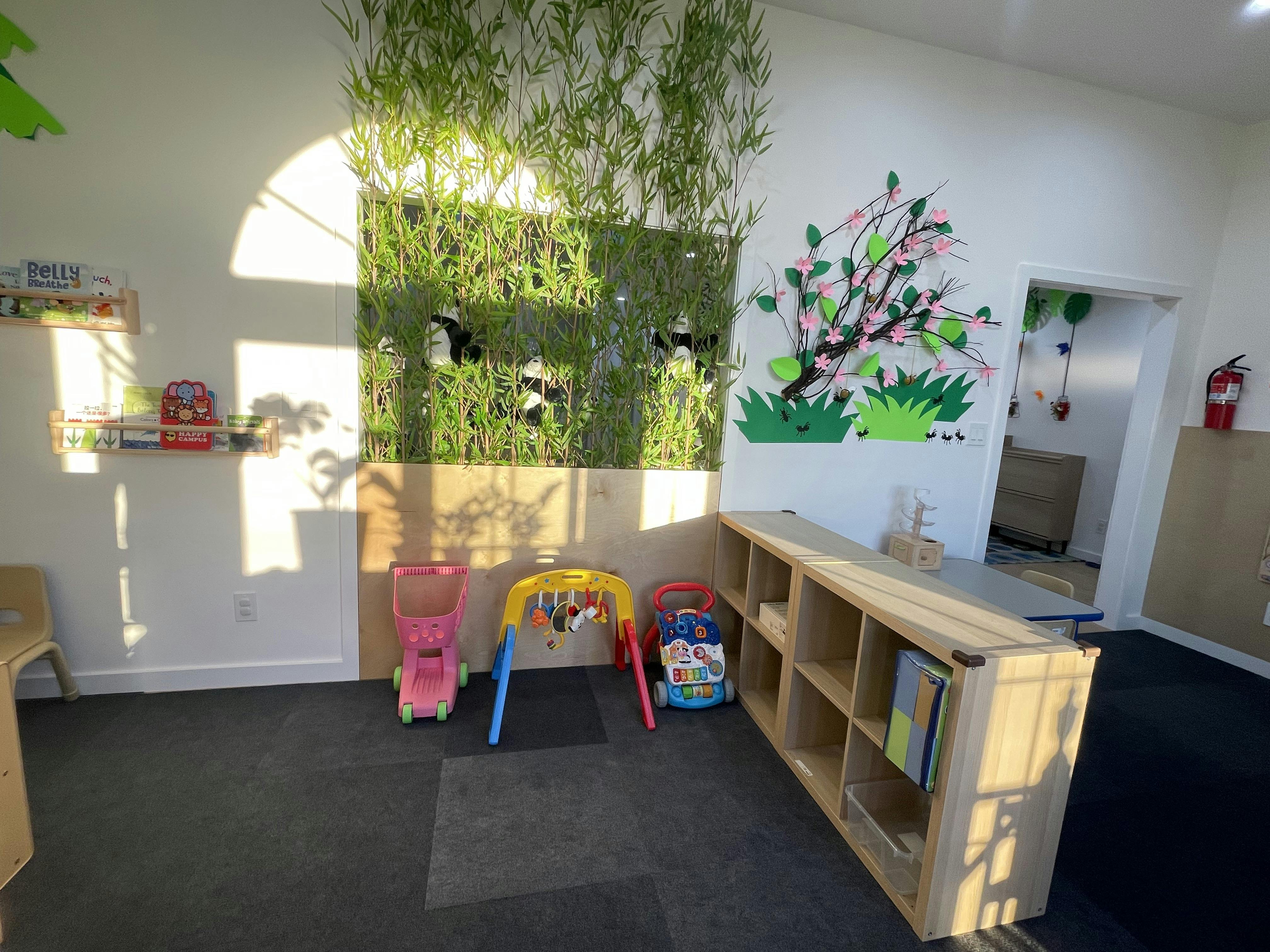 Classroom with play equipment and wall decorations