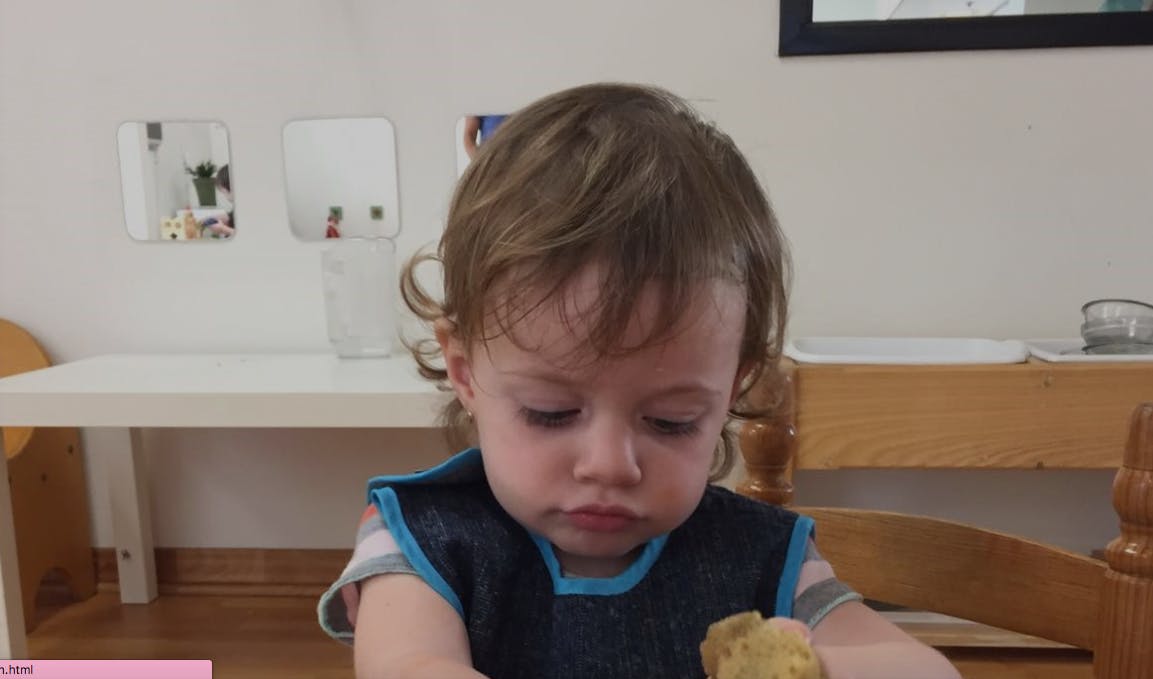 Child in a bib looking down at food