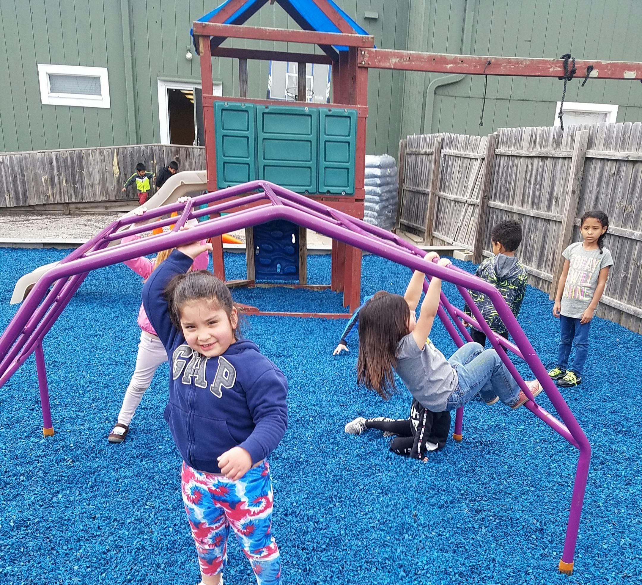 Children playing on a purple climbing structure and playground