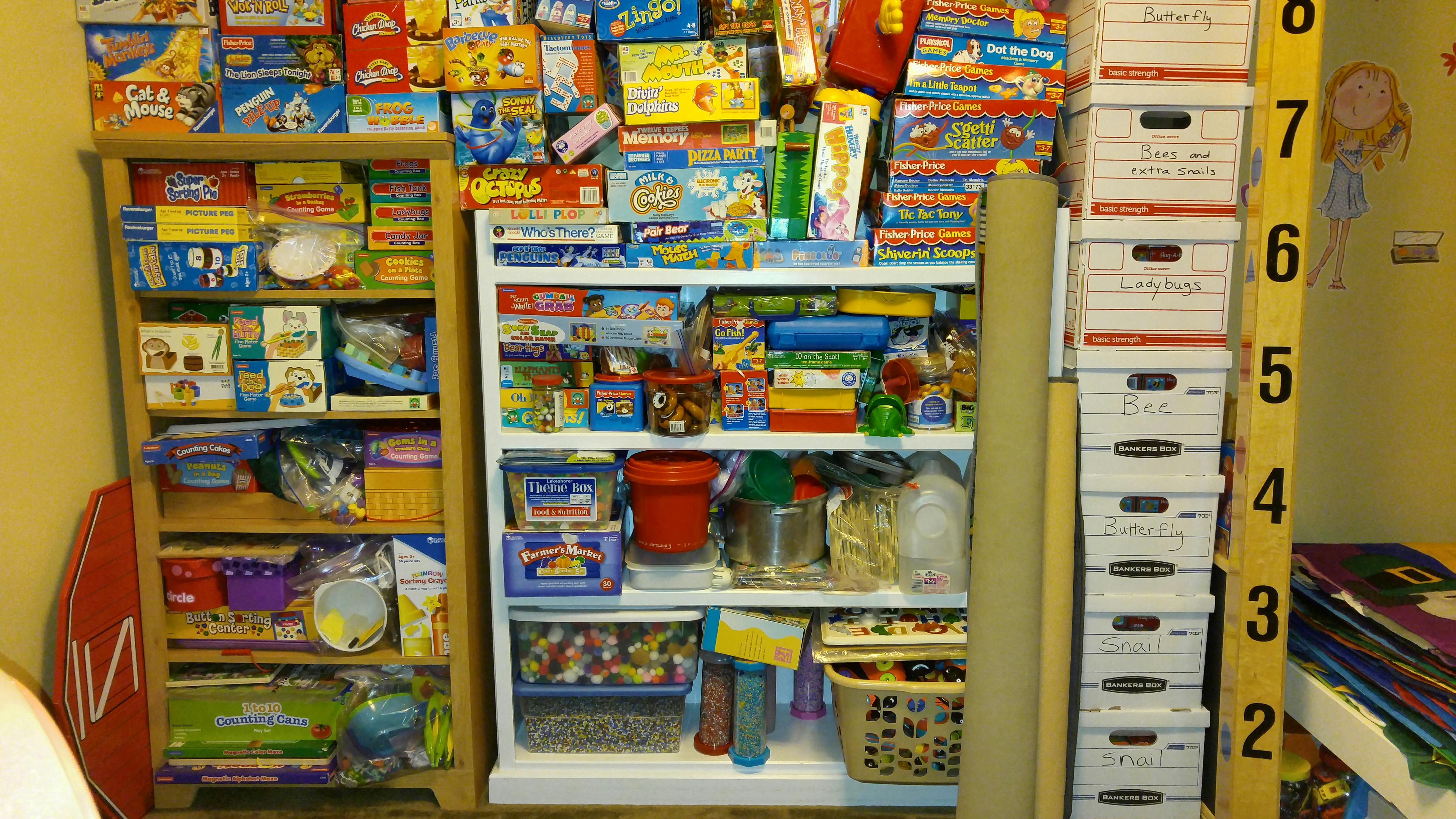 Shelves filled with various items, boxes, and containers