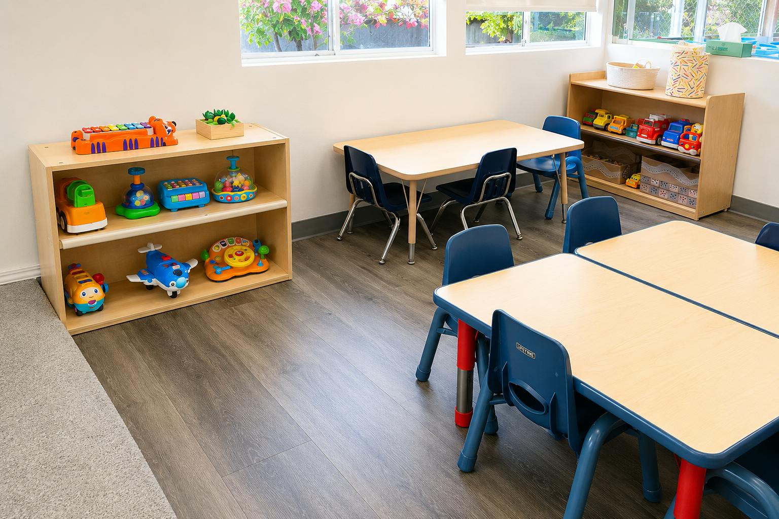 Children's classroom with small tables and shelves filled with colorful toys