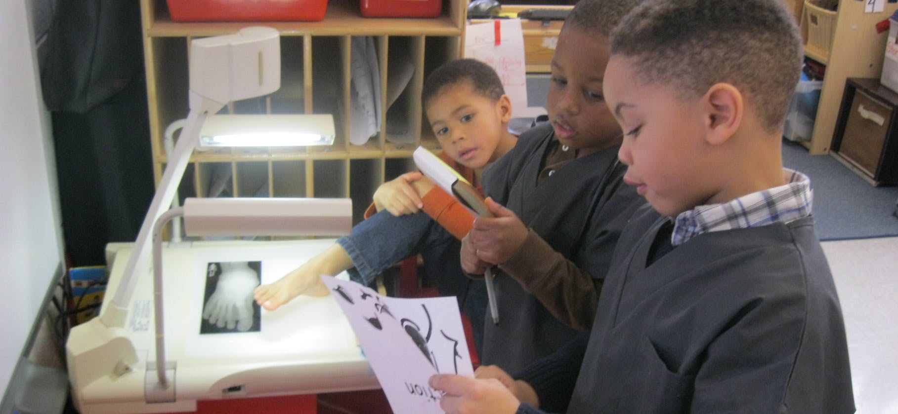 Children looking at a light table with an x-ray and a book