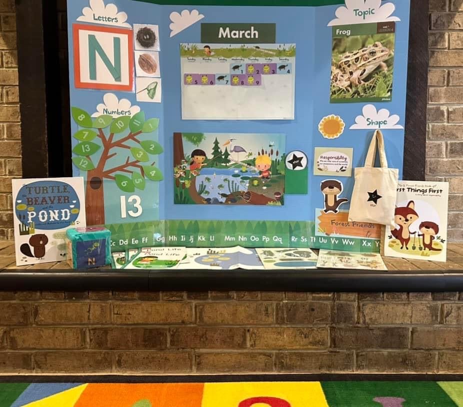 Classroom bulletin board with educational materials about letters, numbers, and frogs