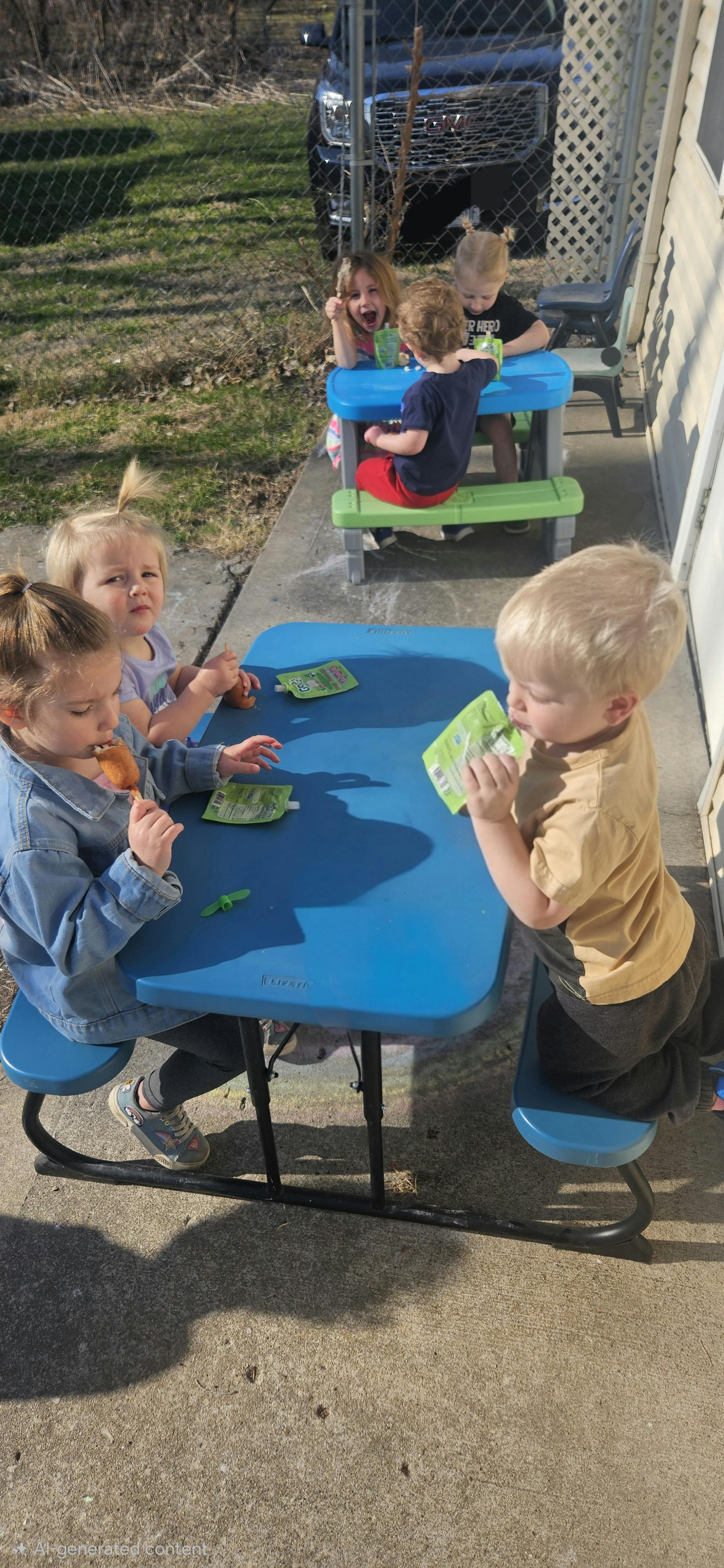Children eating snacks at small blue picnic tables outdoors