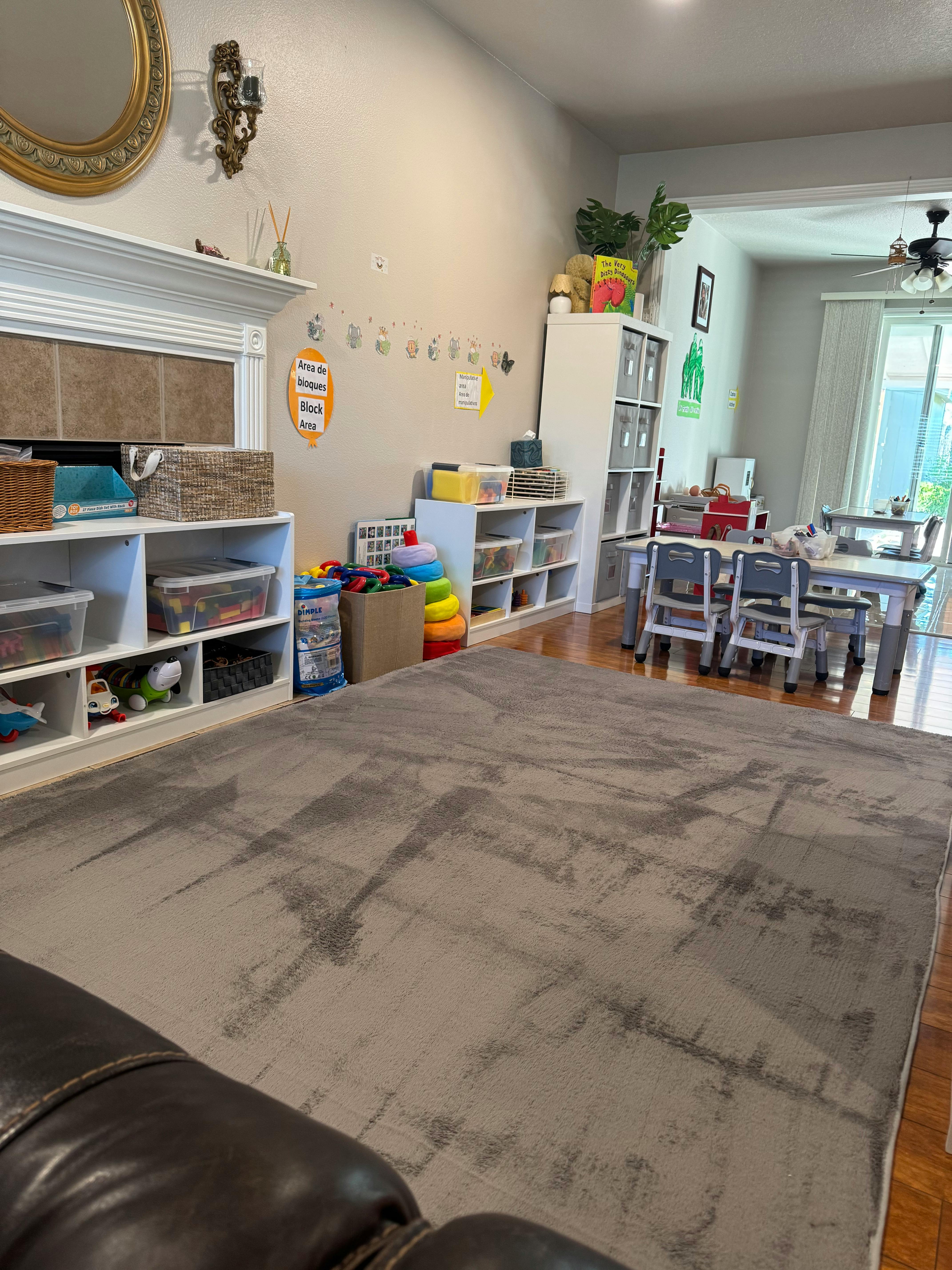 Playroom with shelves of toys, a large rug, and a table with chairs