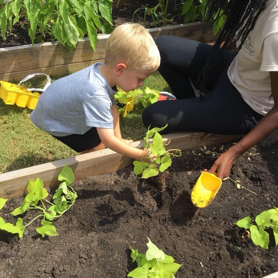 Child and person planting in a garden bed