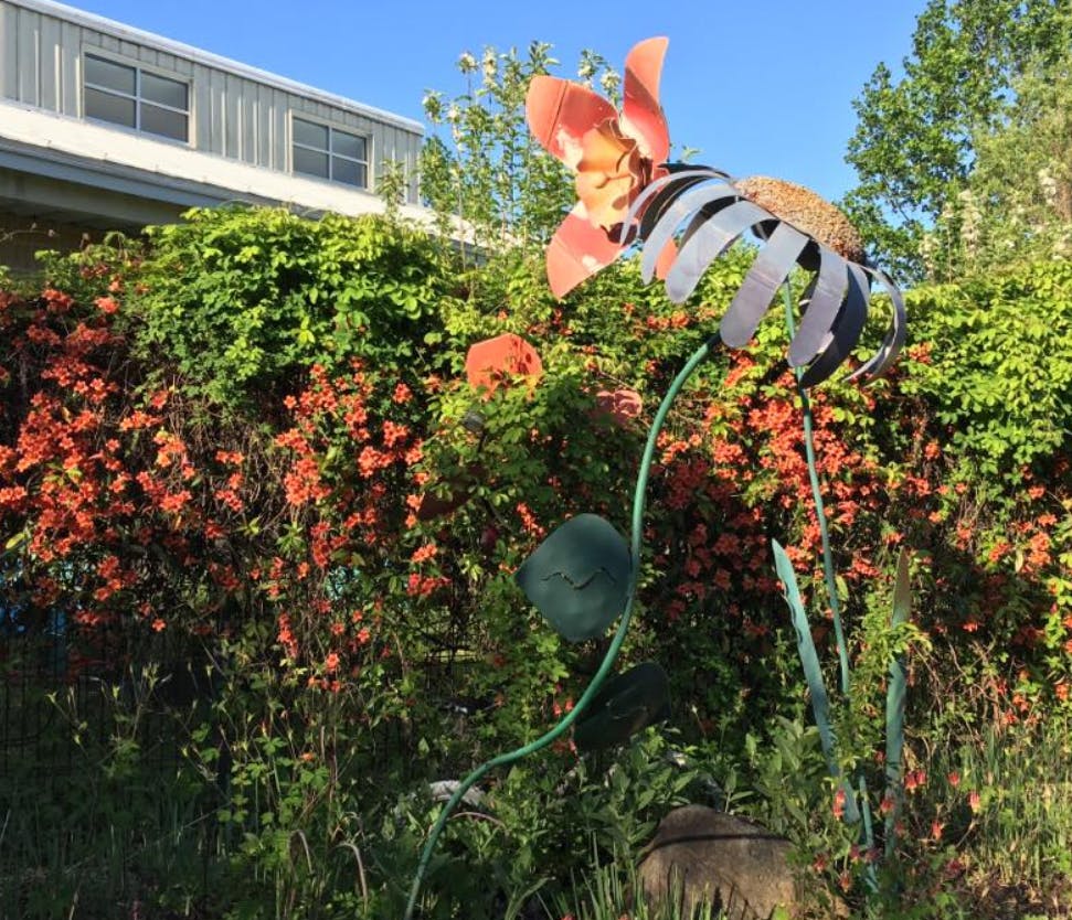 Metal flower sculpture in a garden with green and orange foliage