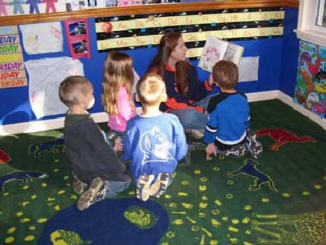 Person reading a book to children in a classroom