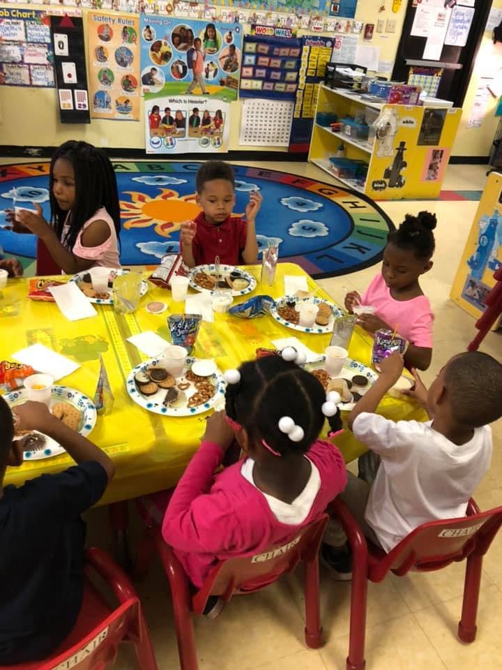 Children sitting at a table with plates of food in a classroom