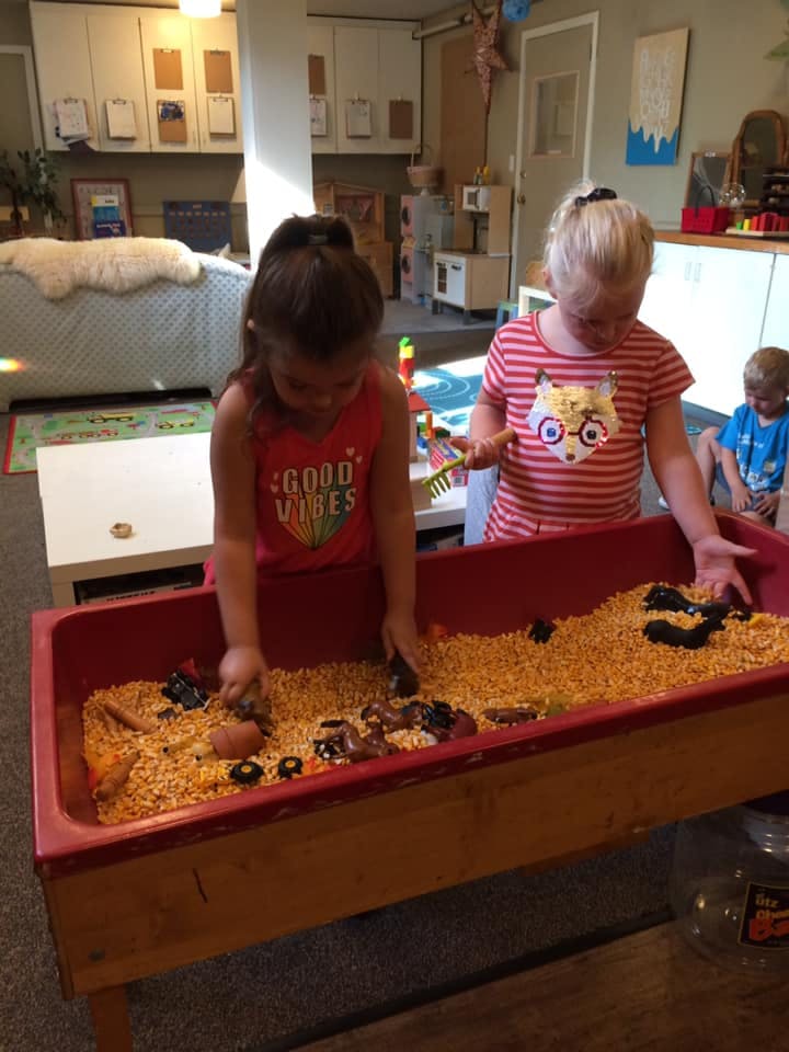 Two children playing in a sensory bin filled with corn kernels and toys