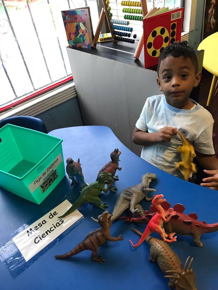 Child holding a dinosaur toy at a table with other dinosaur toys