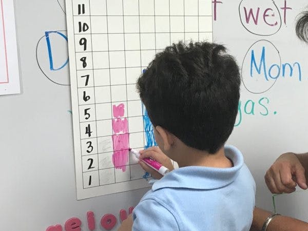 Child drawing on a grid with a pink marker