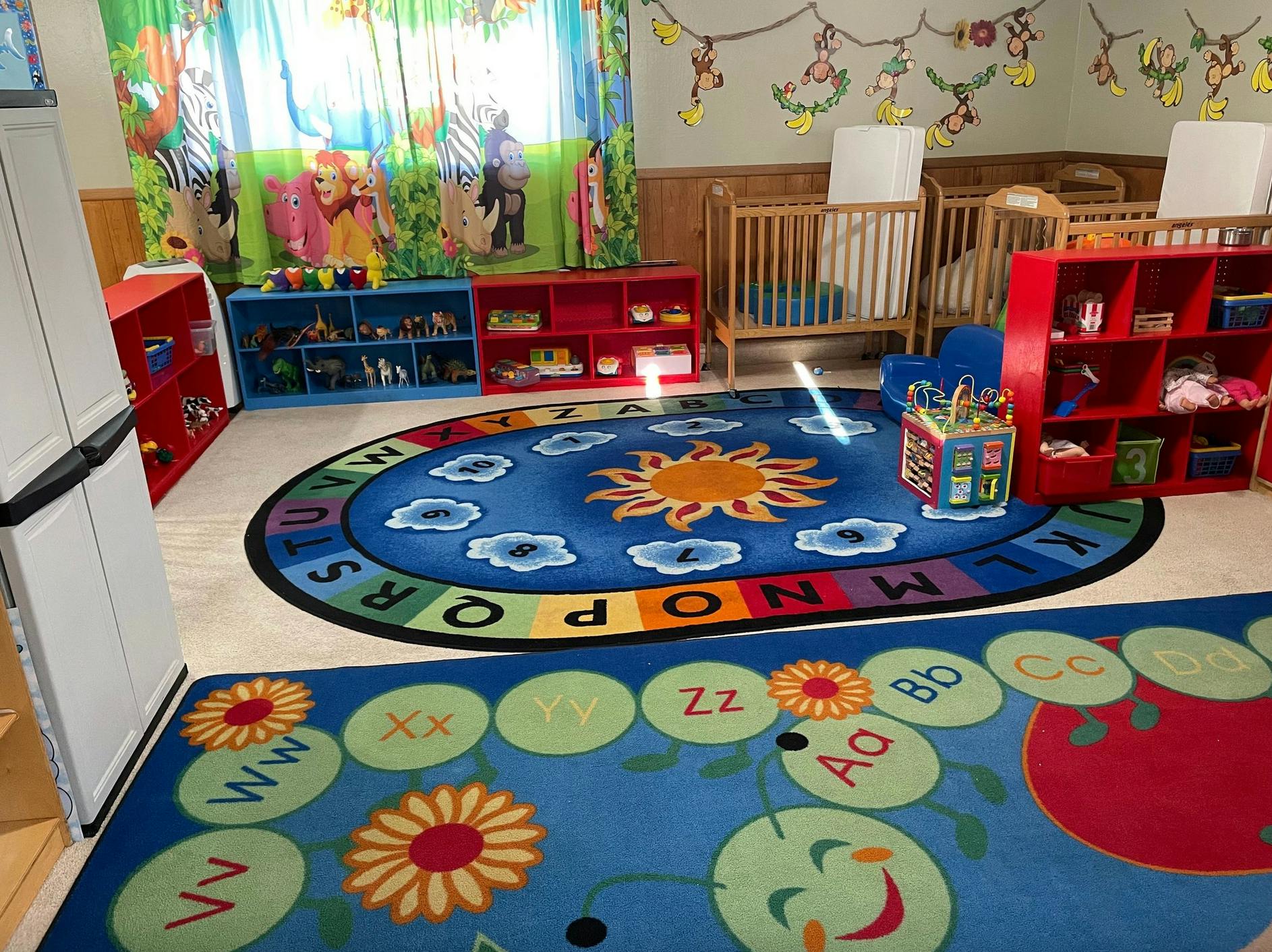 Playroom with colorful rugs, shelves, and cribs