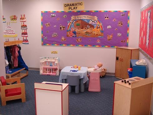 Playroom with a purple bulletin board labeled "Dramatic Play"