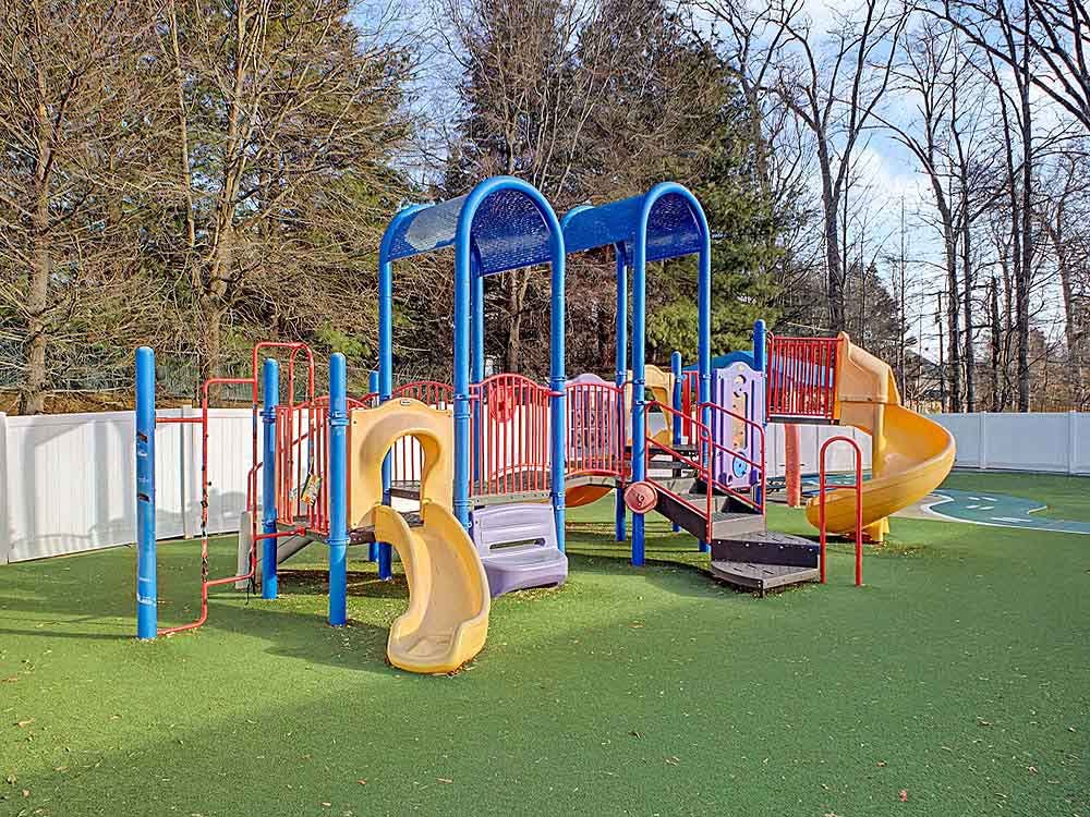Colorful playground structure on green turf