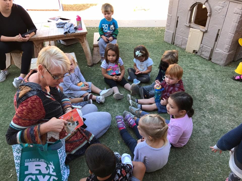 Adult reading a book to a group of children sitting on grass