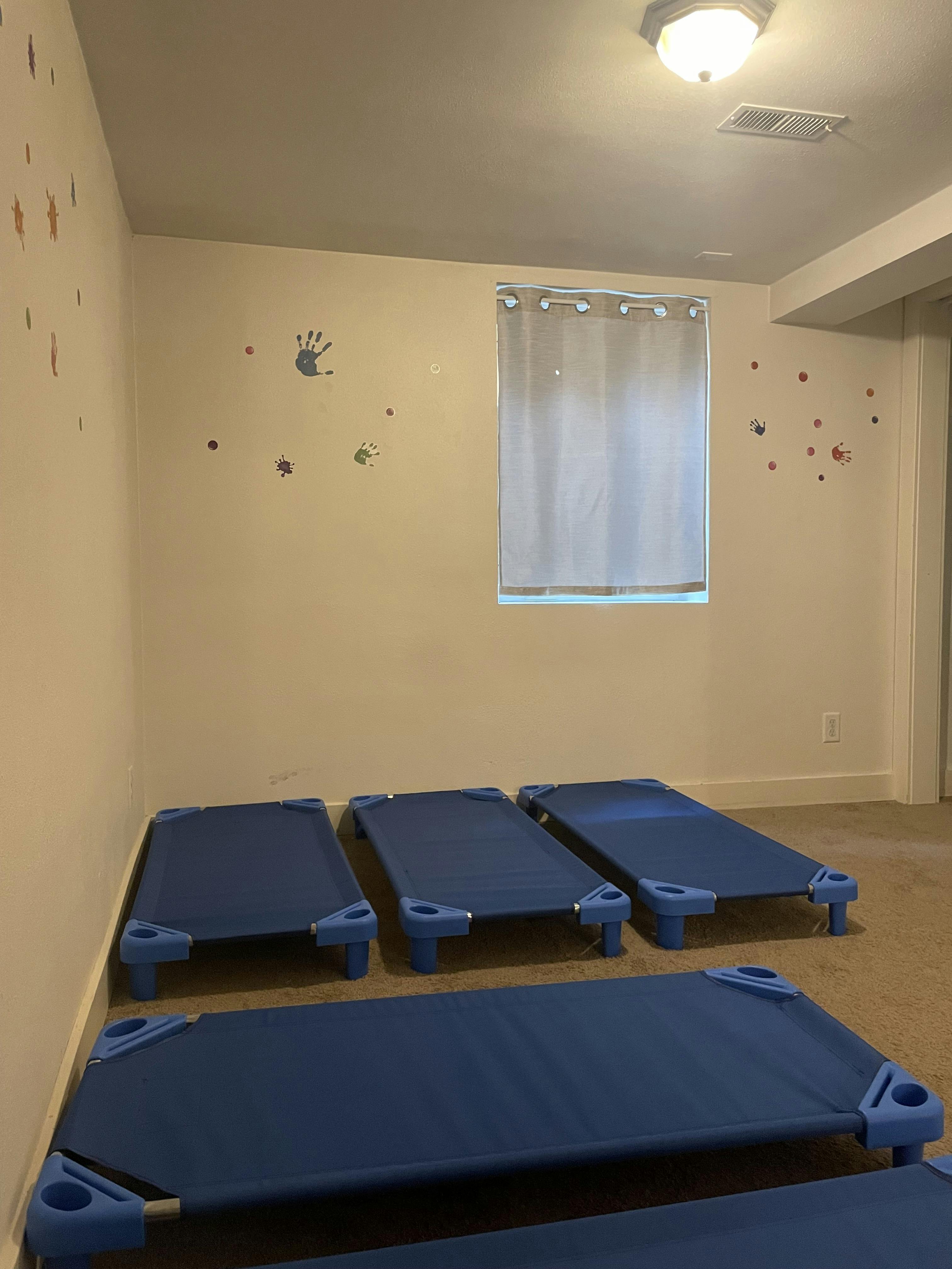 Four blue toddler cots on a carpeted floor in a room with a window