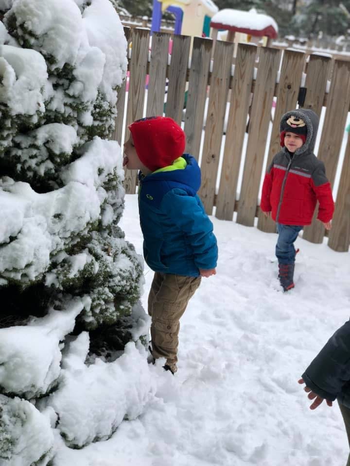 Child in red hat looking at a snow-covered tree, another child in background