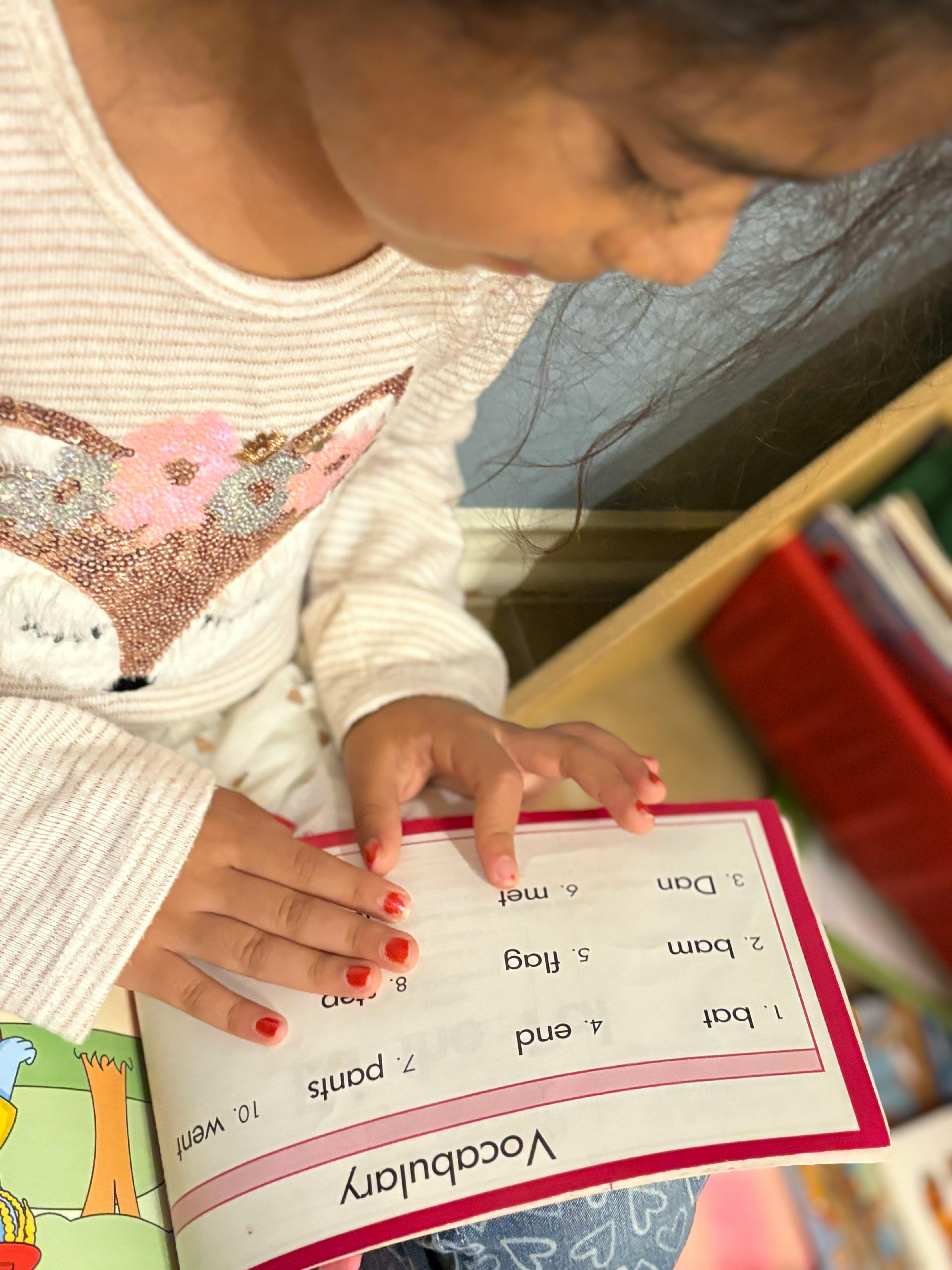 Child reading a vocabulary book