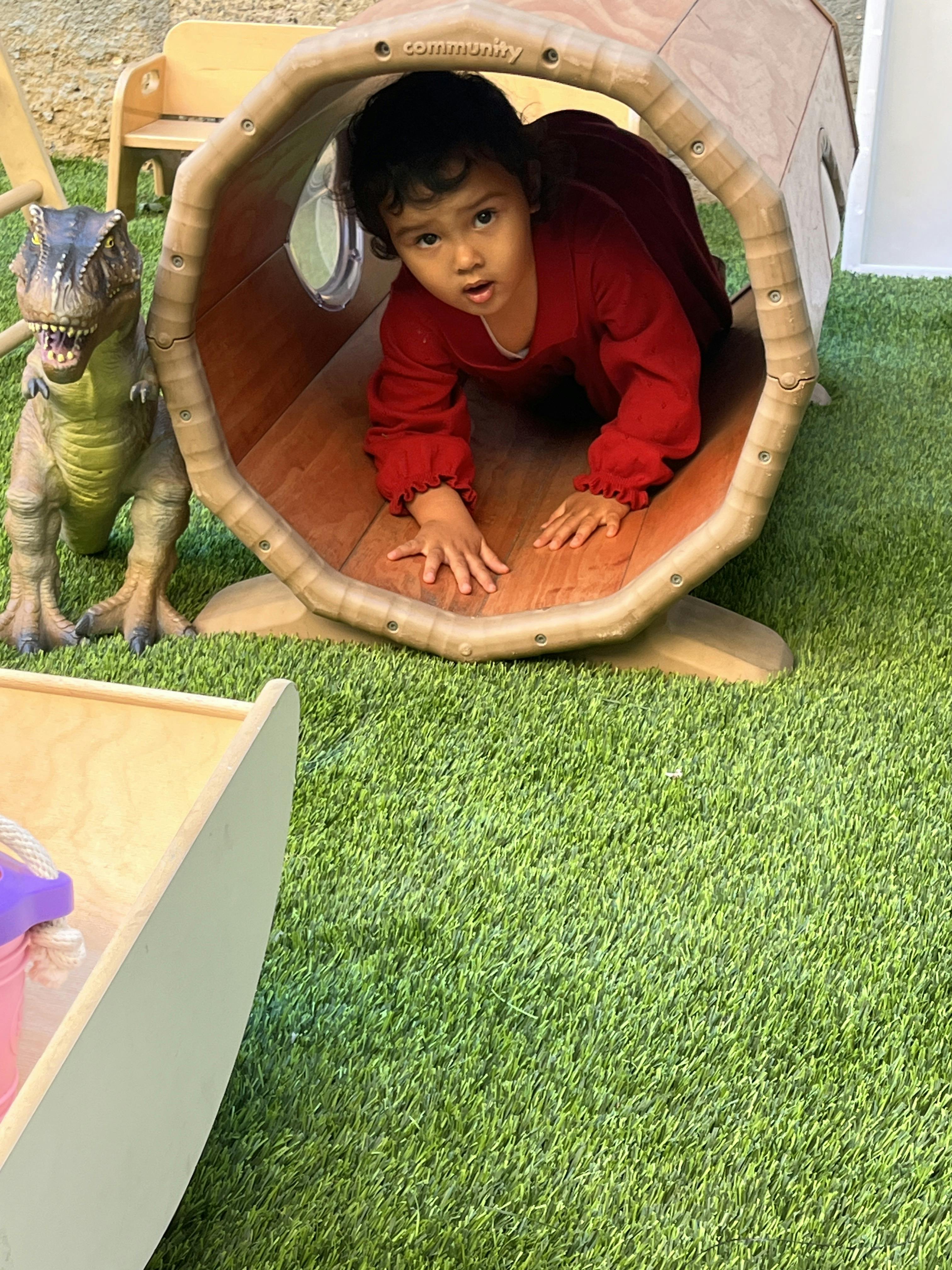Child crawling through a play tunnel next to a toy dinosaur on grass