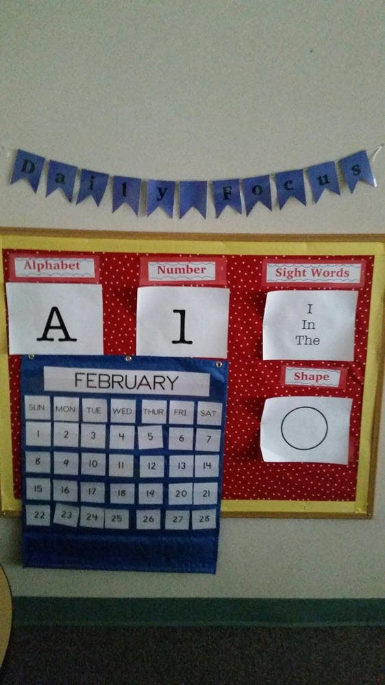 Daily Focus banner above a calendar and learning cards for alphabet, number, sight words, shape