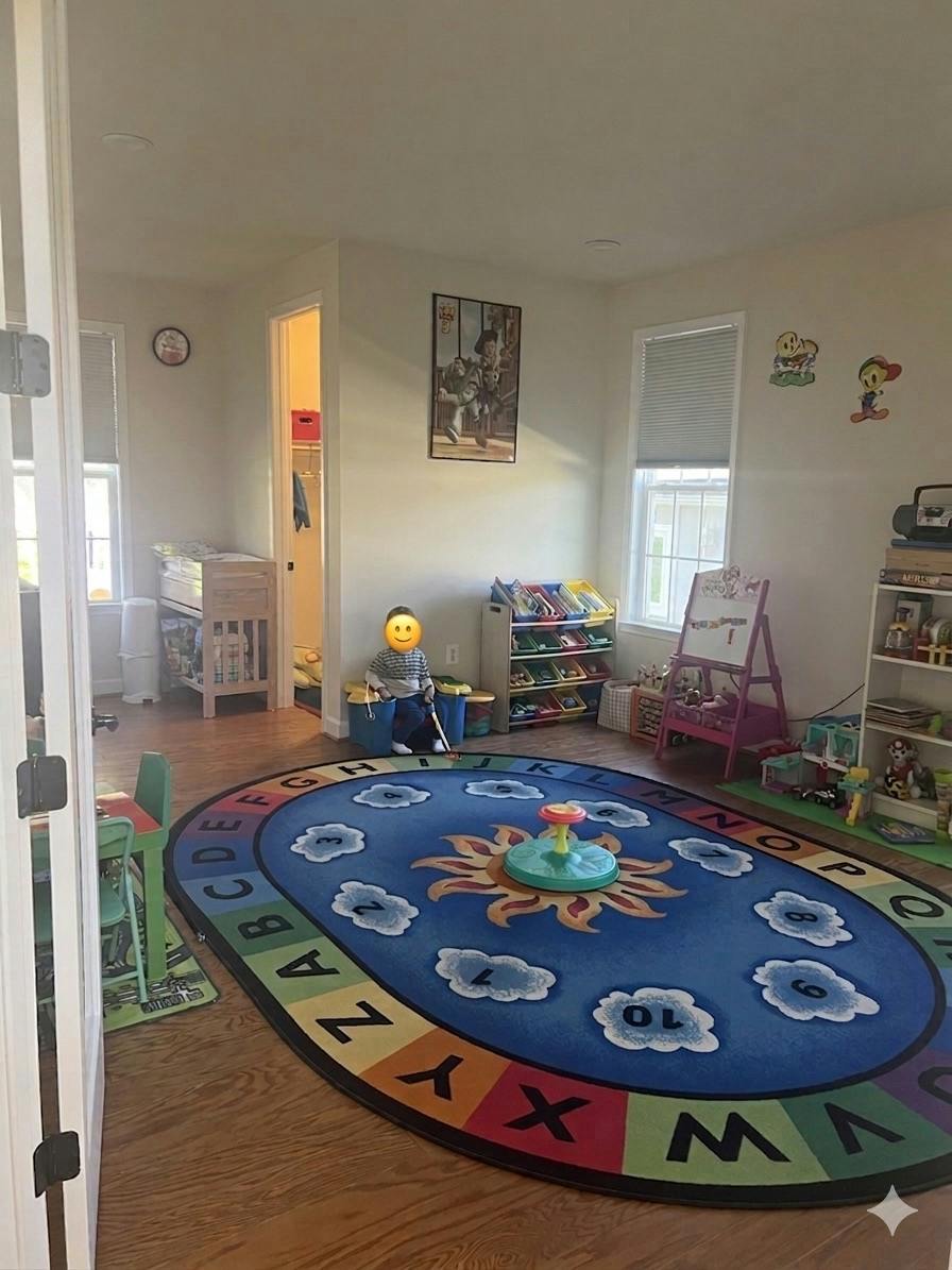 Child playing in a playroom with a large alphabet rug