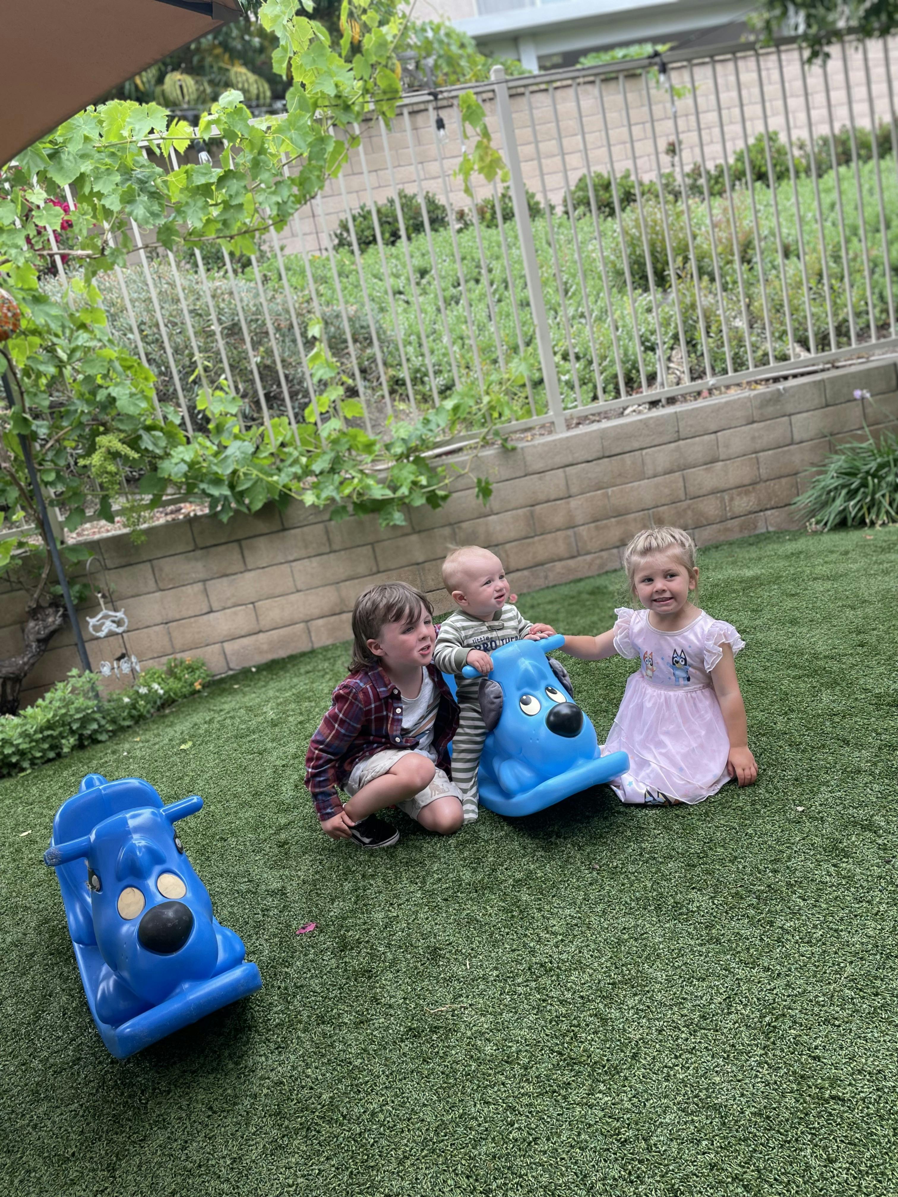 Three children playing with a blue dog rocker toy on artificial grass