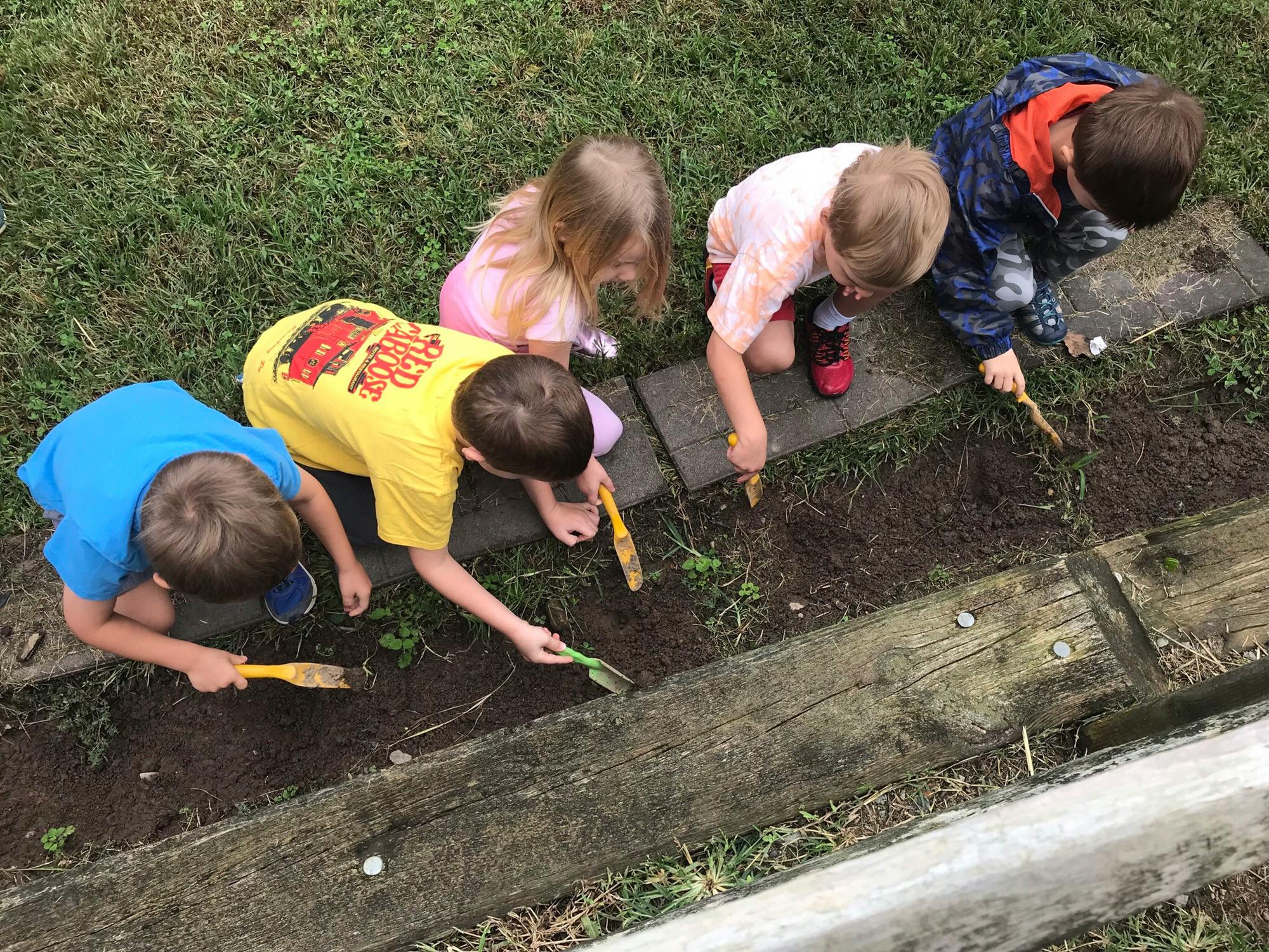 Four children digging in dirt with small shovels