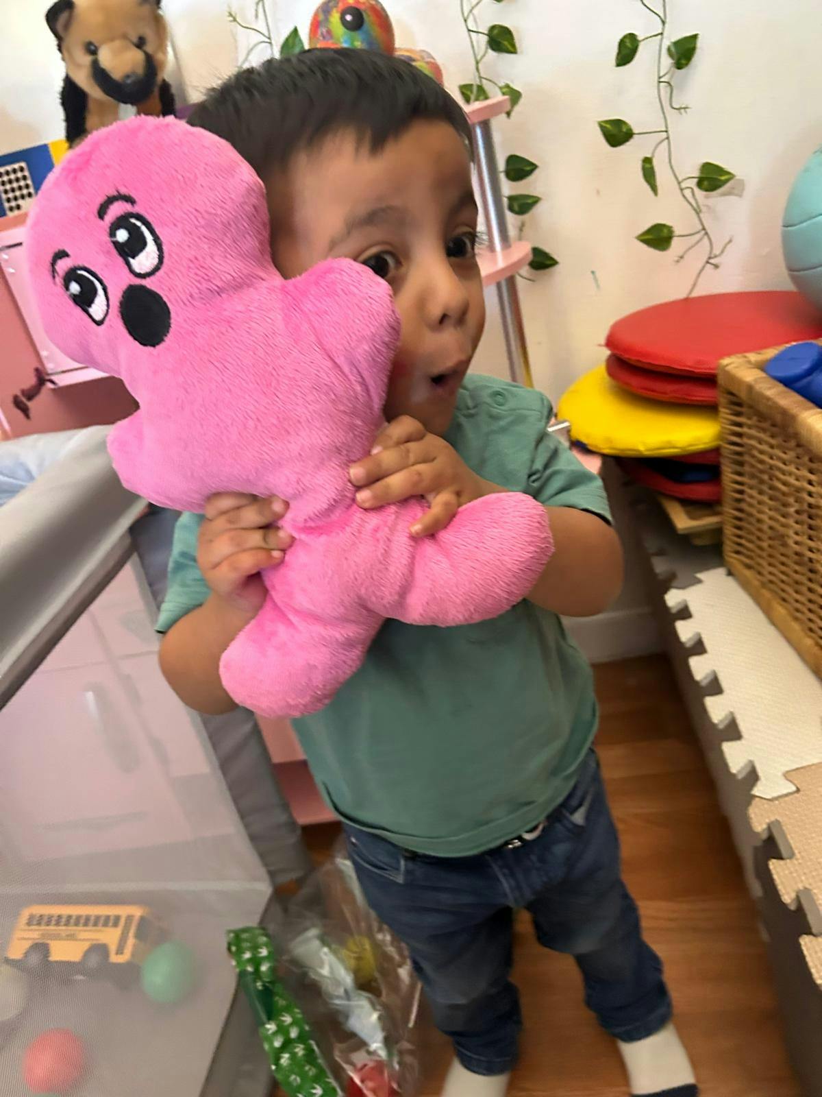 Child holding a pink stuffed toy in a playroom