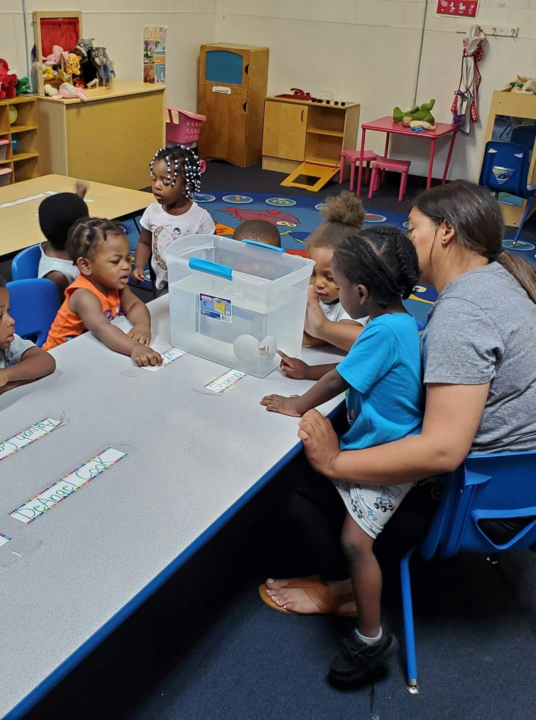 Adult and children gathered around a table with a clear container