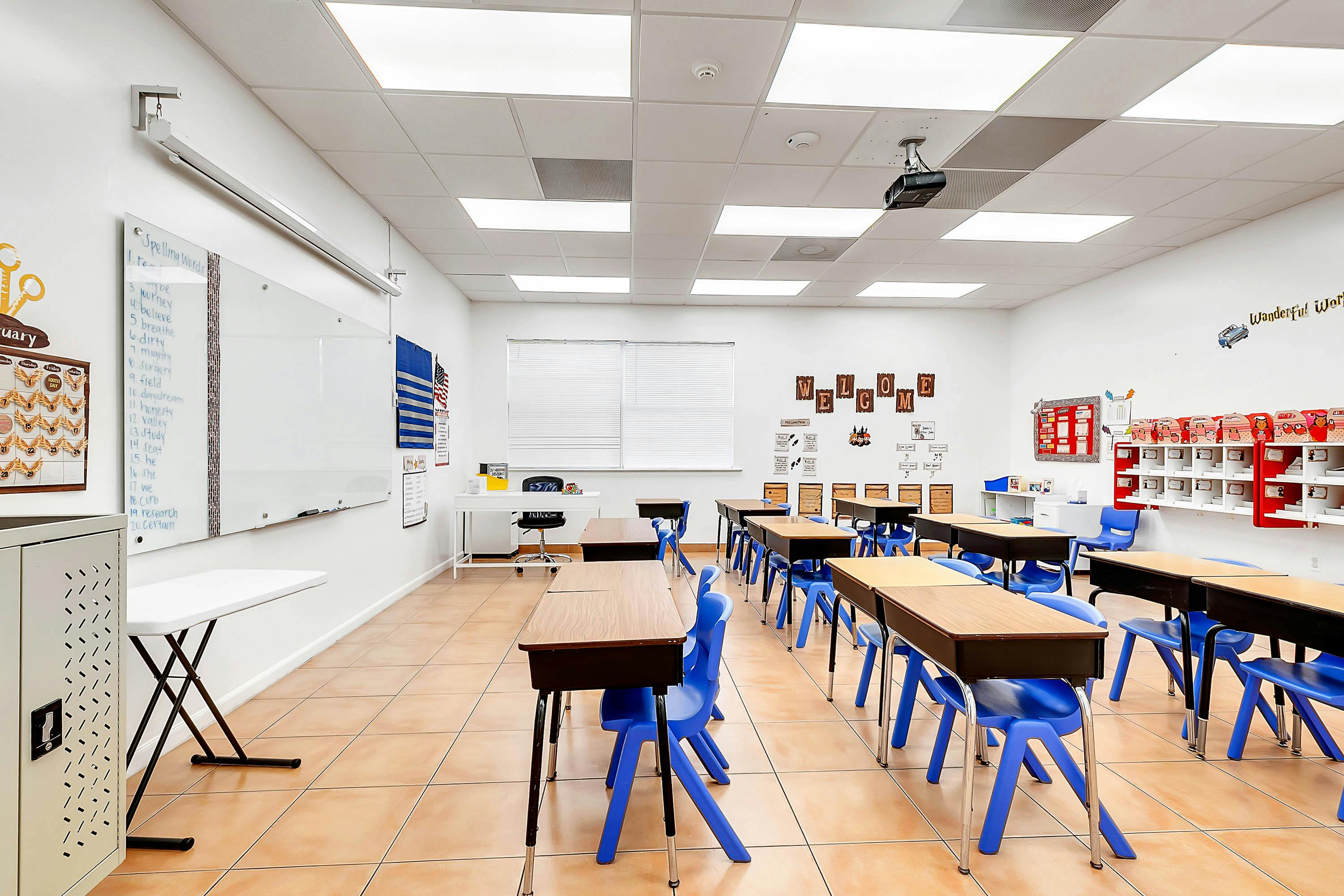 Empty classroom with rows of desks and chairs