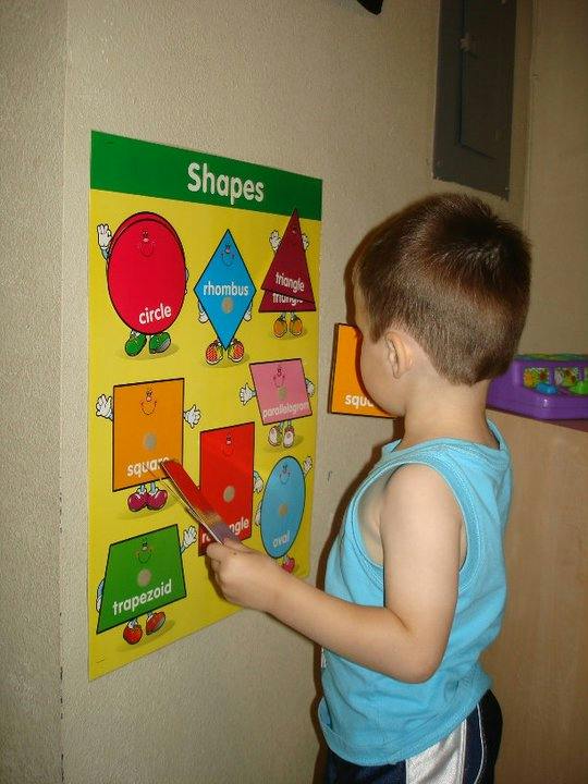 Child playing with a shapes learning chart