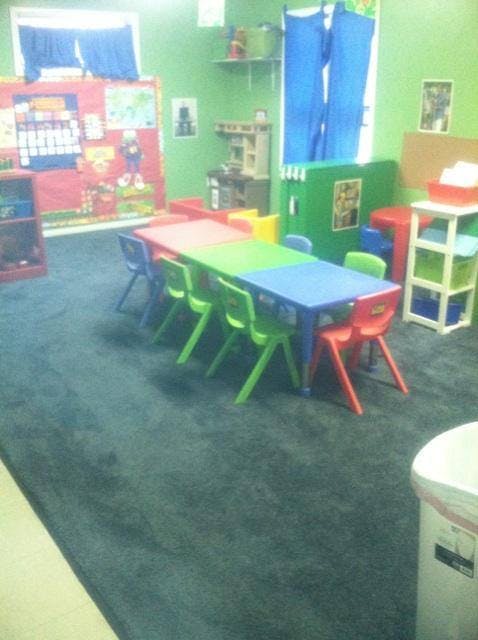 Classroom with colorful tables and chairs