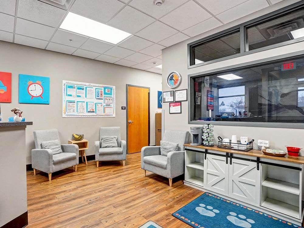 Waiting room with gray armchairs, wooden floor, and coffee station