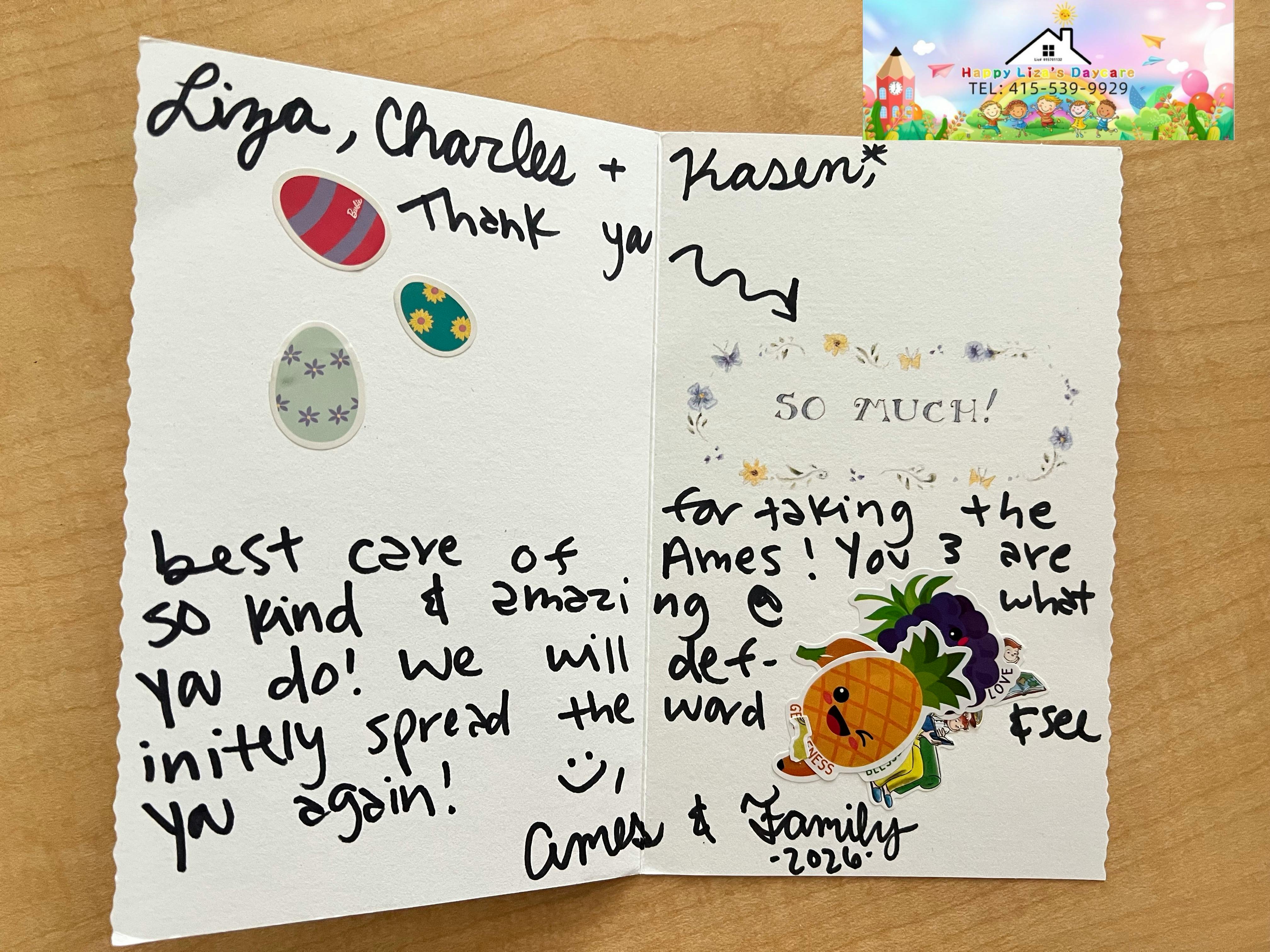 Thank you card with Easter egg stickers and handwritten text