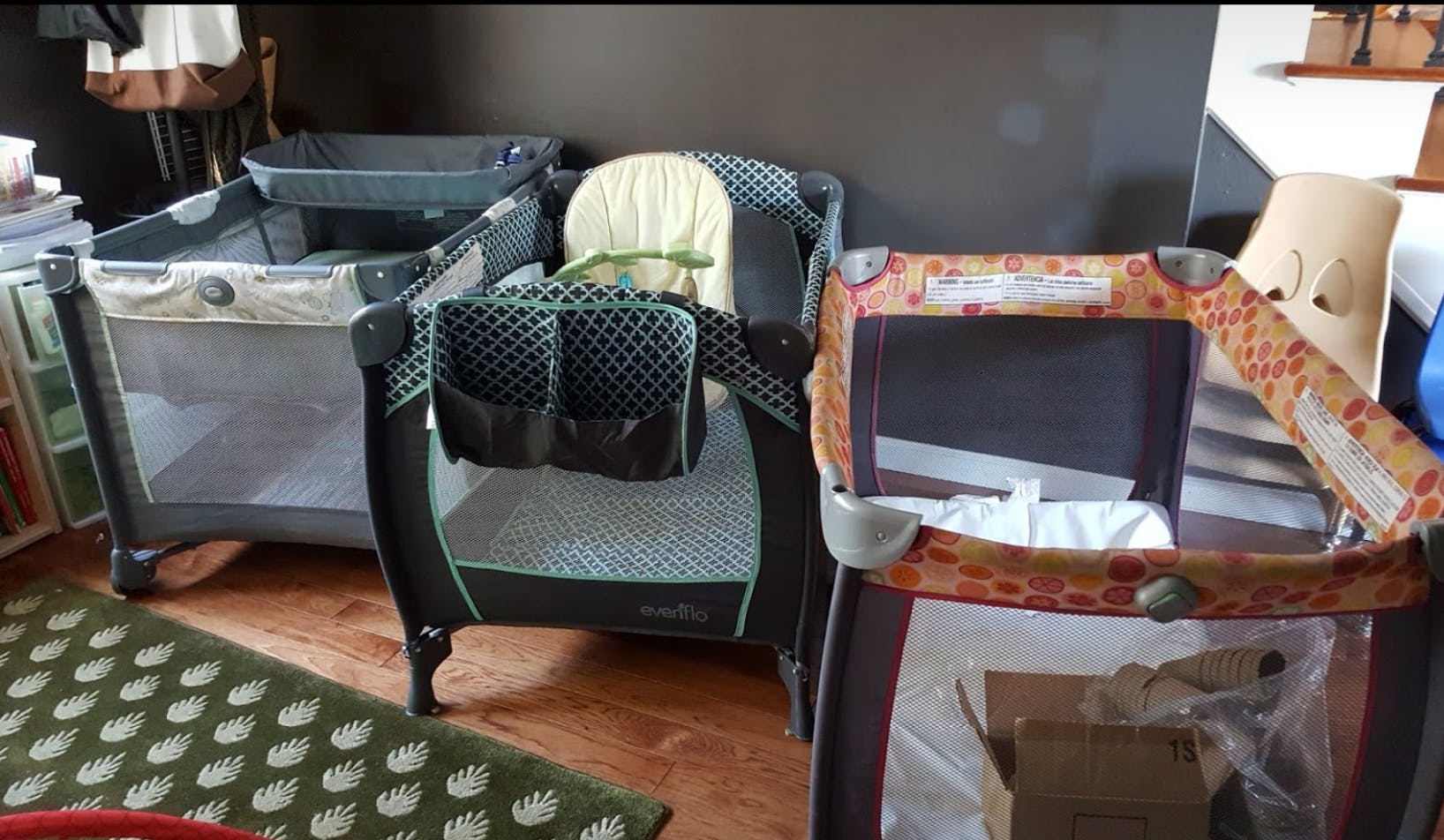 Three portable playards