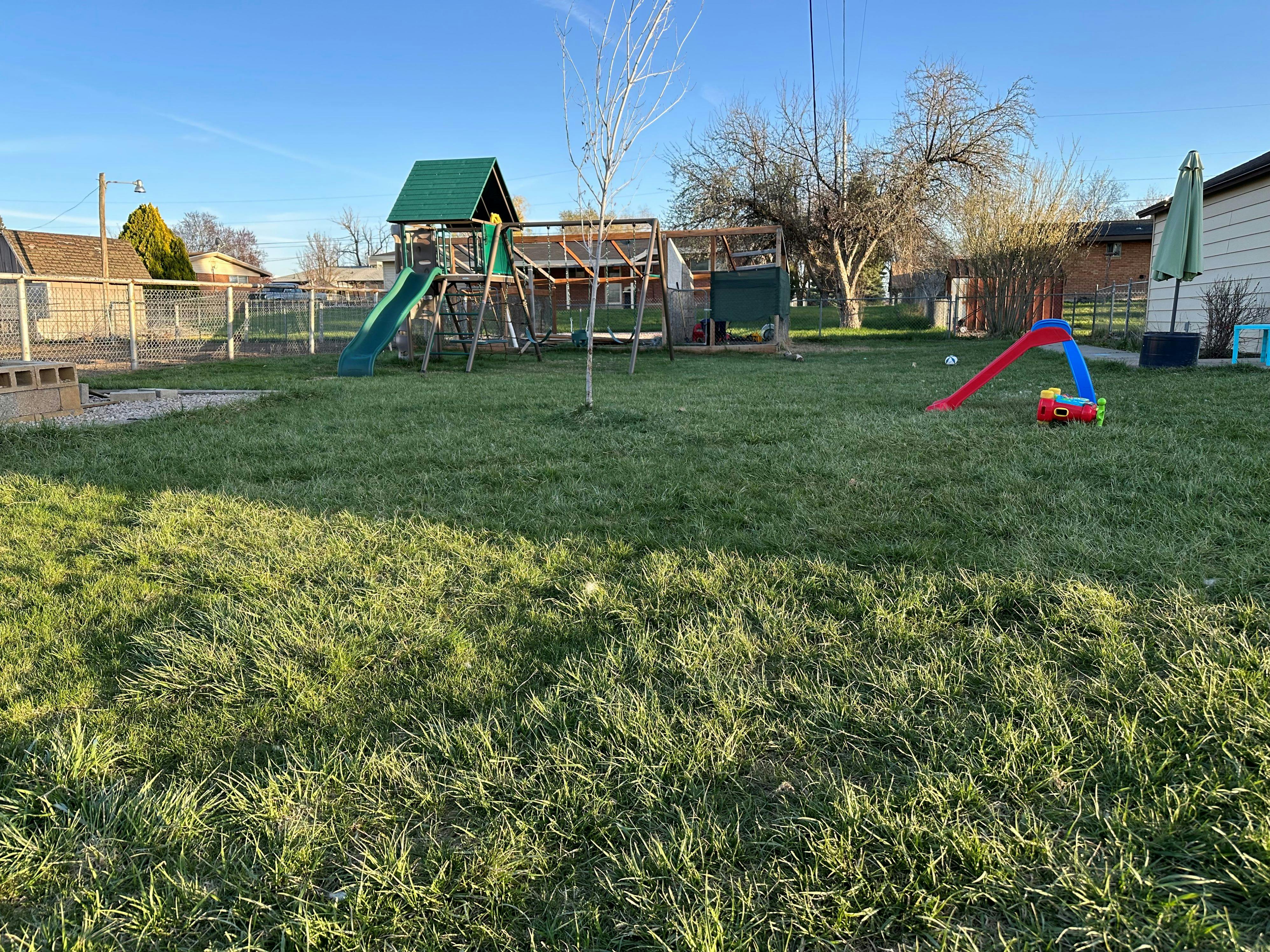 Backyard with a playset and a small red slide
